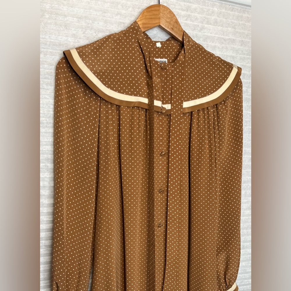 Vintage 70’s Ted Lapidus Paris Silk Maxi Dress Brown Beige Polka Dots Size 4 - Picture 4 of 15